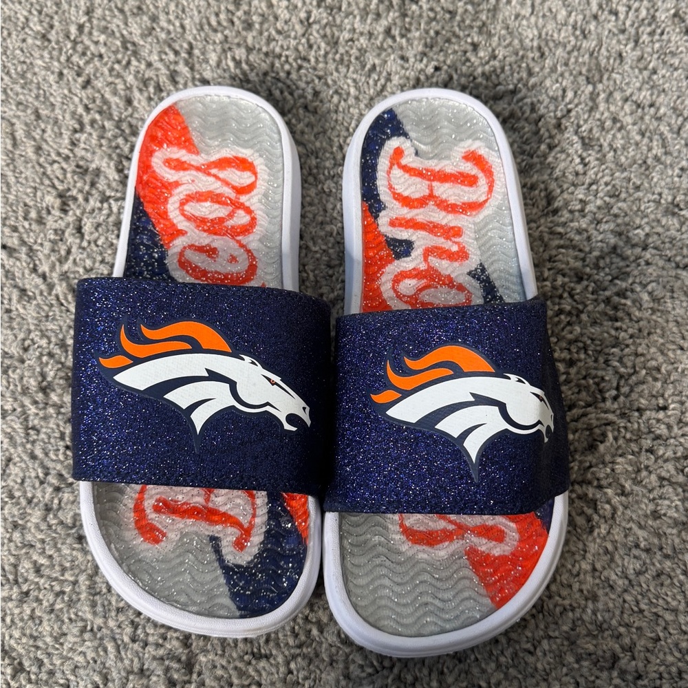 Women's NFL BRONCOS Navy Blue and Orange Slide Sandals